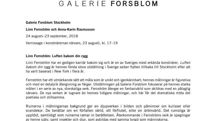 Ny utställning med Linn Fernström på Galerie Forsblom, Stockholm