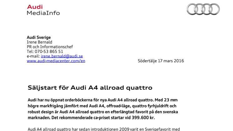 Säljstart för Audi A4 allroad quattro