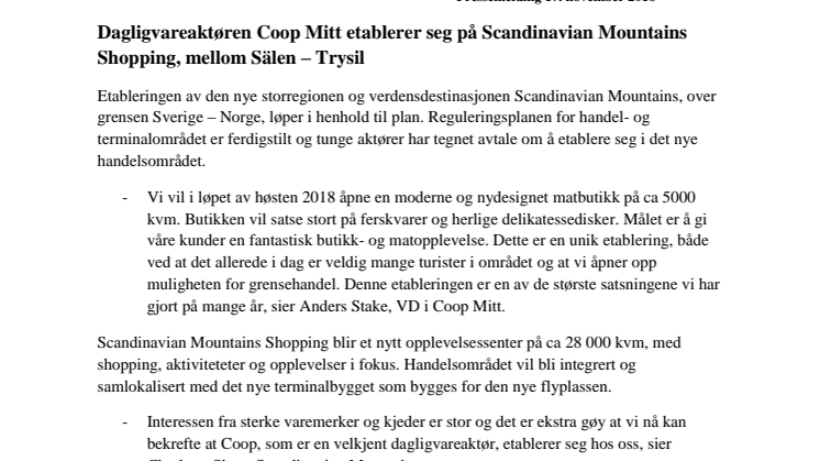 Dagligvareaktøren Coop Mitt etablerer seg på Scandinavian Mountains Shopping, mellom Sälen – Trysil   