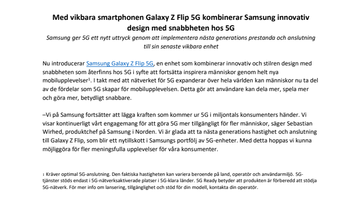 Med vikbara smartphonen Galaxy Z Flip 5G kombinerar Samsung innovativ design med snabbheten hos 5G