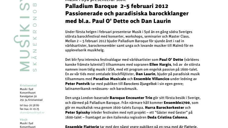Palladium Baroque 2012 – Passionerade & paradisiska barockklanger med bl.a Paul O'Dette & Dan Laurin