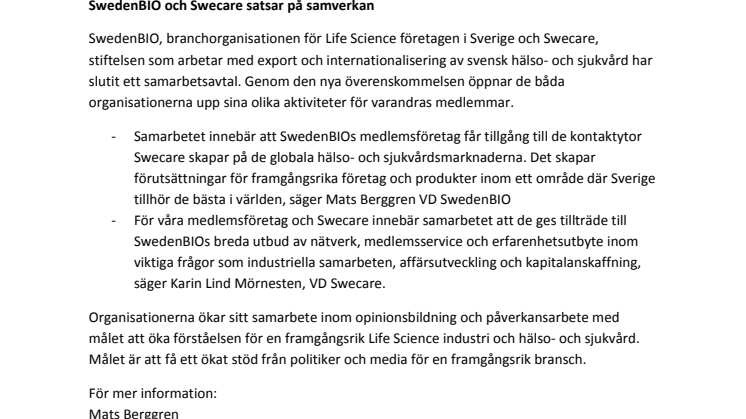 SwedenBIO och Swecare satsar på samverkan