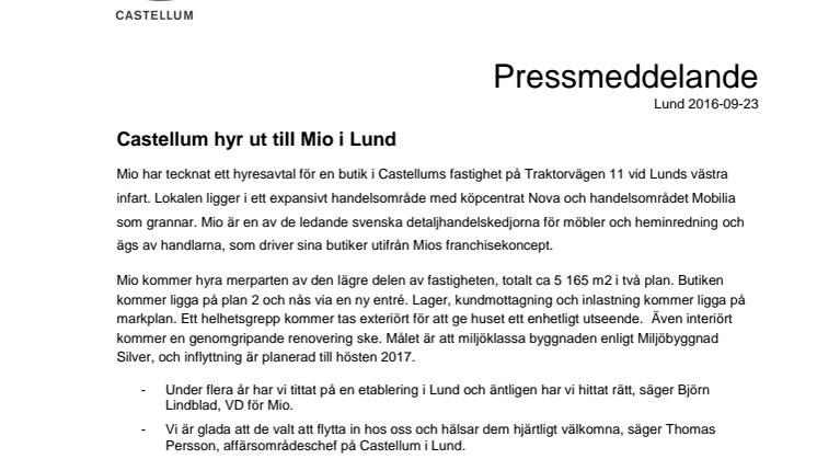 Castellum hyr ut till Mio i Lund