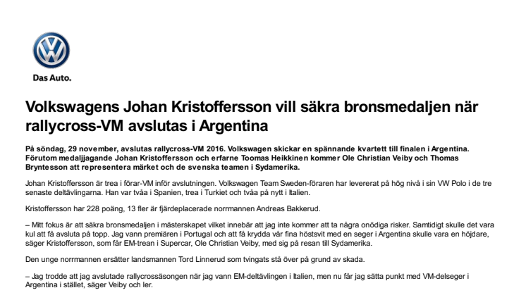 Volkswagens Johan Kristoffersson vill säkra bronsmedaljen när rallycross-VM avslutas i Argentina