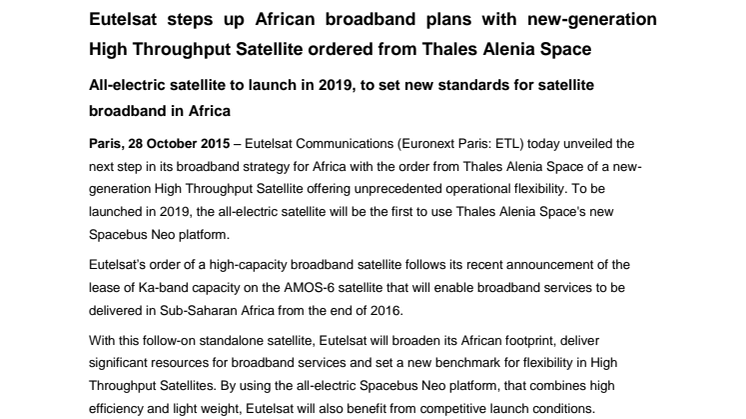 Eutelsat steps up African broadband plans with new-generation High Throughput Satellite ordered from Thales Alenia Space 
