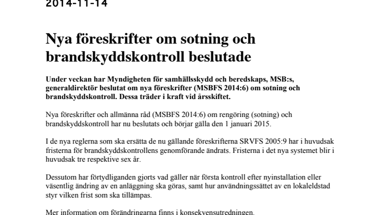 Nya föreskrifter om sotning och brandskyddskontroll