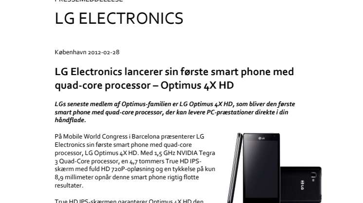 LG Electronics lancerer sin første smart phone med quad-core processor – Optimus 4X HD