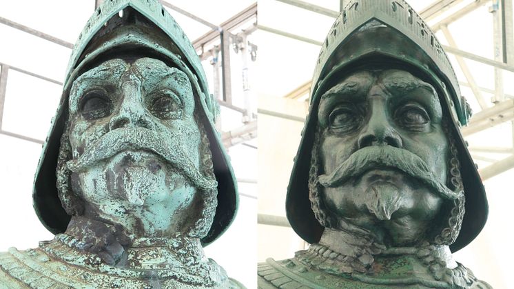 Närbild av Karl IX före och efter restaureringen. Foto: Helena Strandberg Konservator AB 