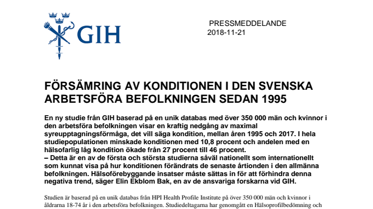 Försämring av konditionen i den svenska arbetsföra befolkningen sedan 1995