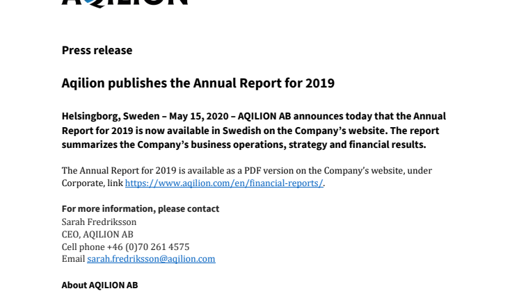Aqilion publishes the Annual Report for 2019