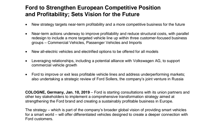 Ford to Strengthen European Competitive Position and Profitability; Sets Vision for the Future