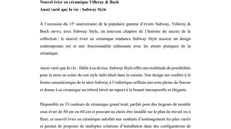 Nouvel évier en céramique - Villeroy & Boch Aussi varié que la vie : Subway Style