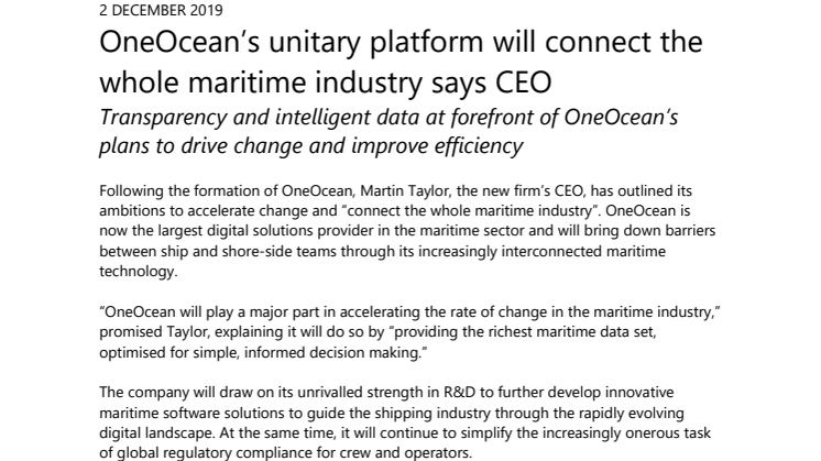 OneOcean’s unitary platform will connect the whole maritime industry says CEO