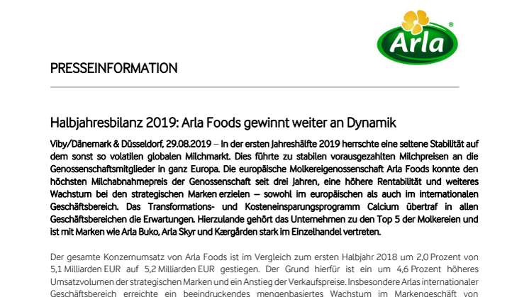 Halbjahresbilanz 2019: Arla Foods gewinnt weiter an Dynamik