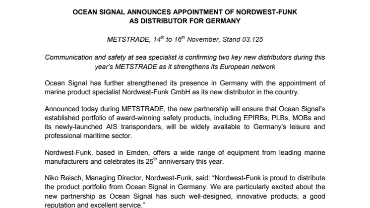 Ocean Signal Announces Appointment of Nordwest-Funk as Distributor for Germany