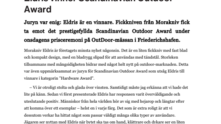 Eldris vinner Scandinavian Outdoor Award