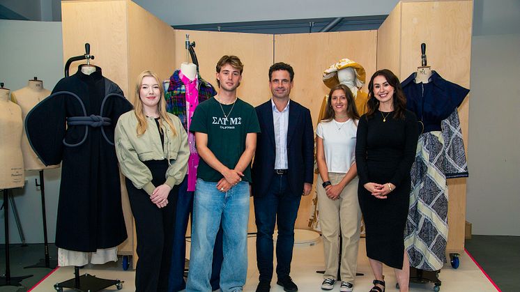 Fashion graduates Emily Gibson, Will Howard-Jones, Holly Hooker and Melissa Newton with Leo Fenwick (centre)