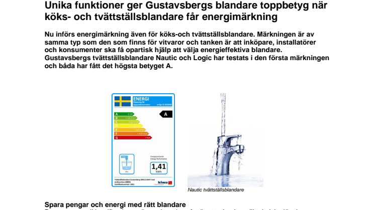 Unika funktioner ger Gustavsbergs blandare toppbetyg när köks- och tvättställsblandare får energimärkning