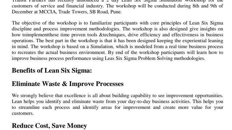 Transit Partners Announces Lean Six Sigma Workshop For Financial & Services Industries