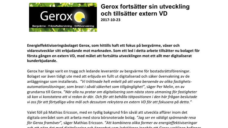 Gerox fortsätter sin utveckling och tillsätter extern VD