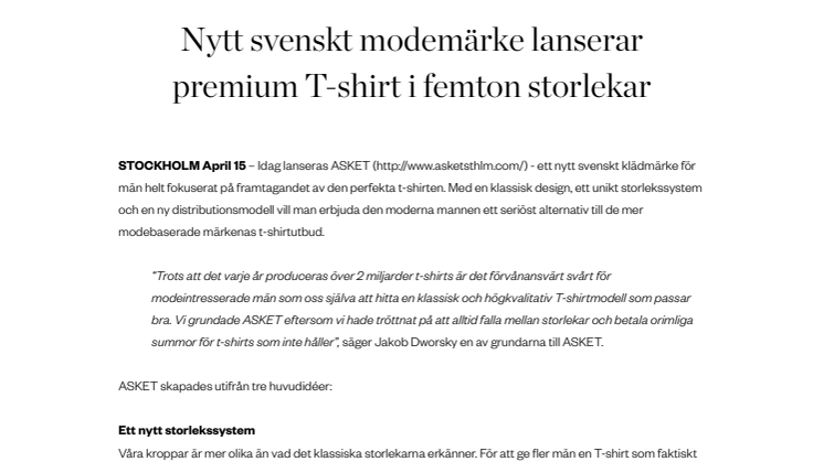 ​Nytt svenskt modemärke lanserar premium T-shirt i femton storlekar
