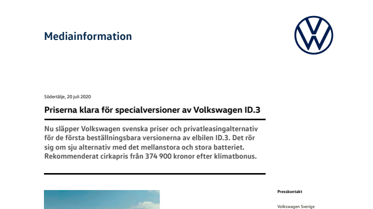 Priserna klara för specialversioner av Volkswagen ID.3