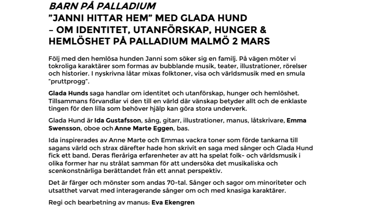 Barn på Palladium – "Janni hittar hem" med Glada Hund – om identitet, utanförskap,  hunger & hemlöshet på Palladium 2 mars