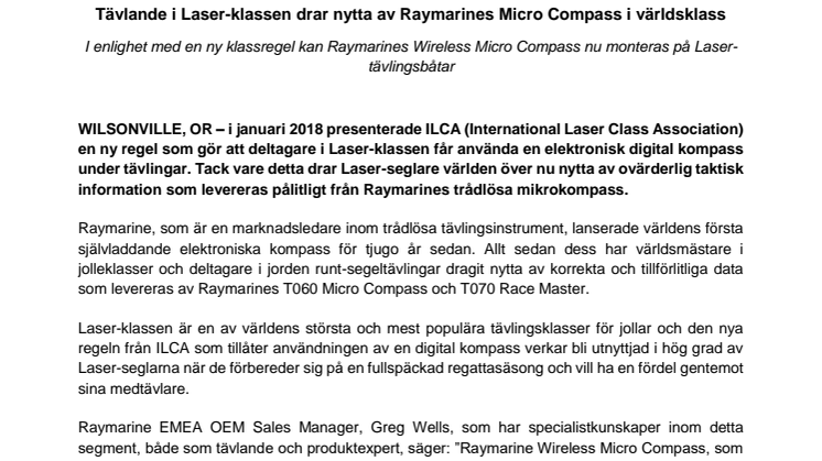 Raymarine: Tävlande i Laser-klassen drar nytta av Raymarines Micro Compass i världsklass