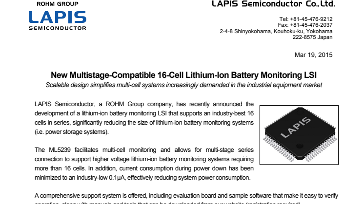 New Multistage-Compatible 16-Cell Lithium-Ion Battery Monitoring LSI -- Scalable design simplifies multi-cell systems increasingly demanded in the industrial equipment market