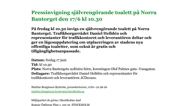 ​Pressinvigning självrengörande toalett på Norra Bantorget den 17/6 kl 10.30