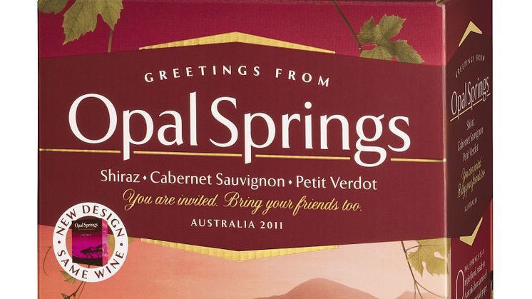 Opal Springs på bag in box, en blend av Shiraz, Cabernet Sauvignon & Petit Verdot nu med ny årgång och nytt utseende.    
