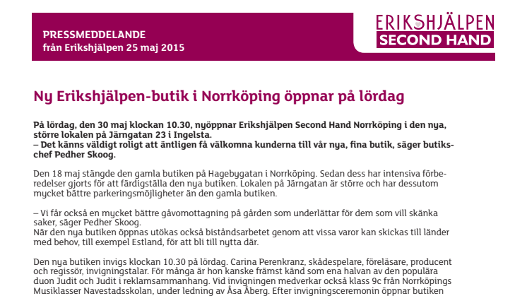 Ny Erikshjälpen-butik i Norrköping öppnar på lördag