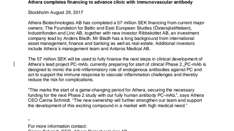 Athera completes financing to advance clinic with immunovascular antibody 