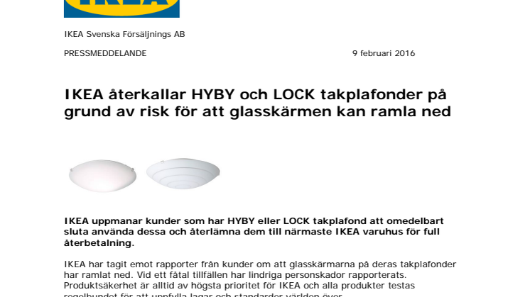 IKEA återkallar HYBY och LOCK takplafonder på grund av risk för att glasskärmen kan ramla ned
