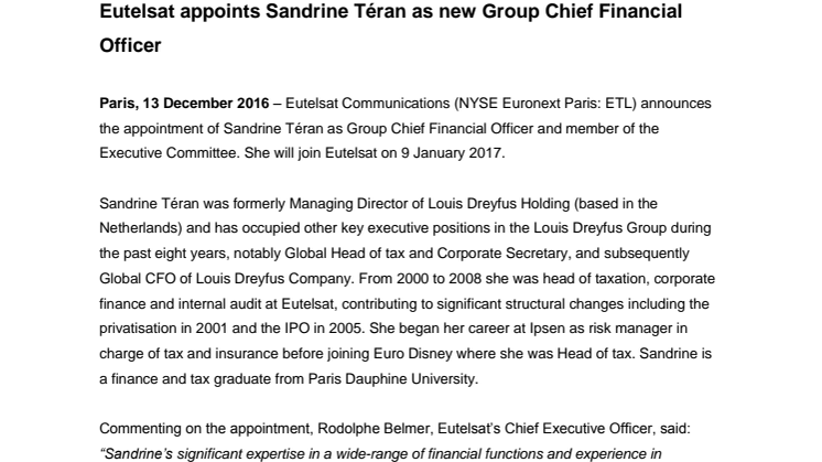Eutelsat appoints Sandrine Téran as new Group Chief Financial Officer