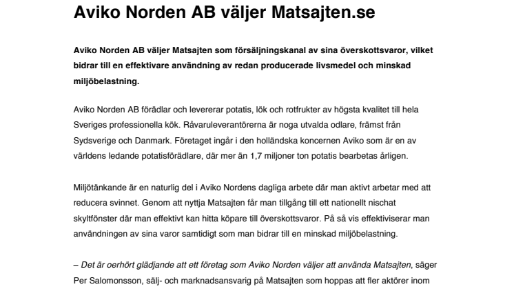 Aviko Norden AB väljer Matsajten.se