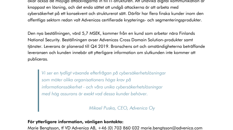 Advenica erhåller order värd 5,7 MSEK från finsk kund