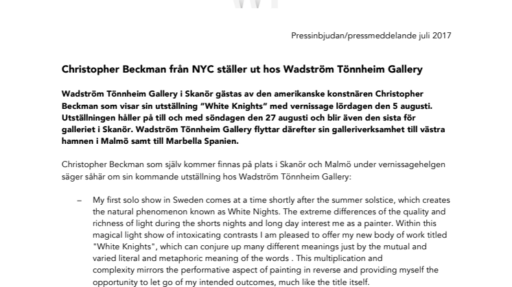 Christopher Beckman från NYC ställer ut hos Wadström Tönnheim Gallery