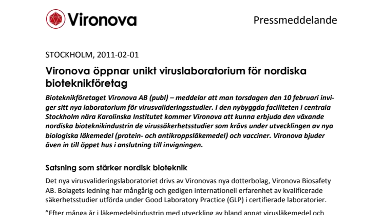 Vironova öppnar unikt viruslaboratorium för nordiska  bioteknikföretag