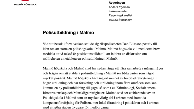 Malmö stad och Malmö högskola uppvaktar regeringen om polishögskola