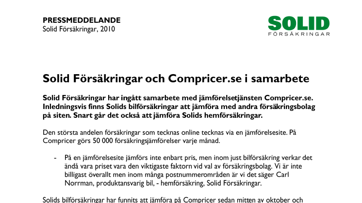 Solid Försäkringar och Compricer.se i samarbete