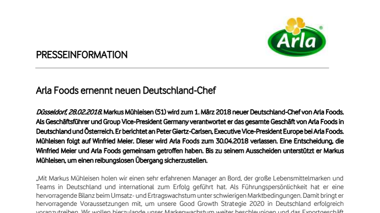 Arla Foods ernennt neuen Deutschland Chef