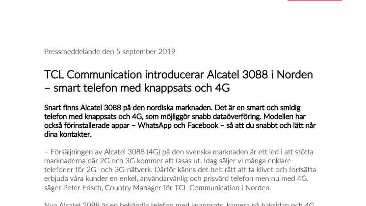 TCL Communication introducerar Alcatel 3088 i Norden – smart telefon med knappsats och 4G 