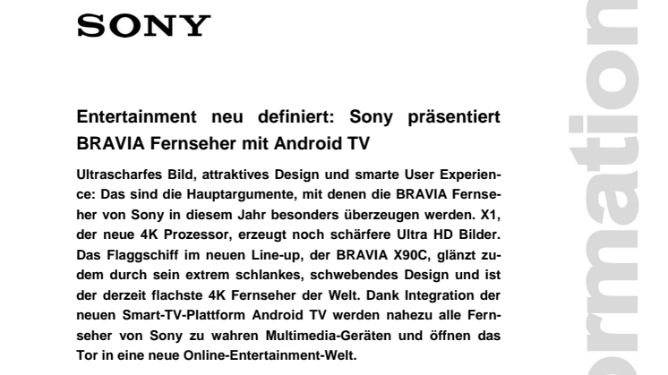 Entertainment neu definiert: Sony präsentiert BRAVIA Fernseher mit Android TV