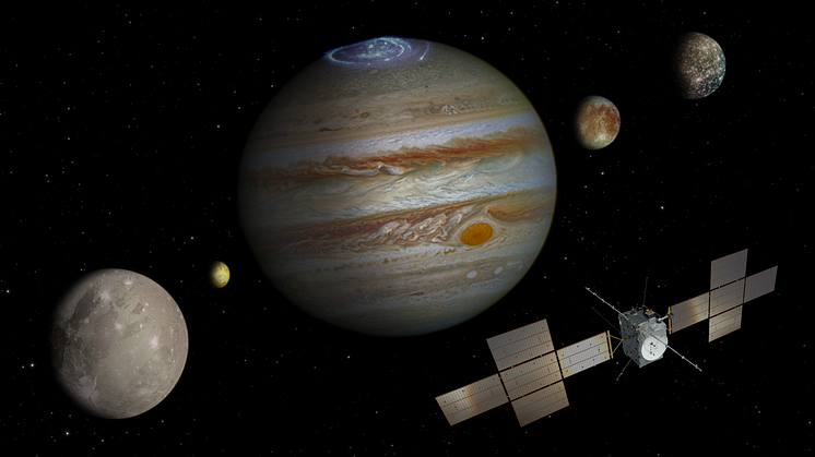 Jupiter_månar_JUICE_CRED_JUICE: ESA/ATG medialab; Jupiter: NASA/ESA/J. Nichols (University of Leicester); Ganymede: NASA/JPL; Io: NASA/JPL/University of Arizona; Callisto och Europa: NASA/JPL/DLR