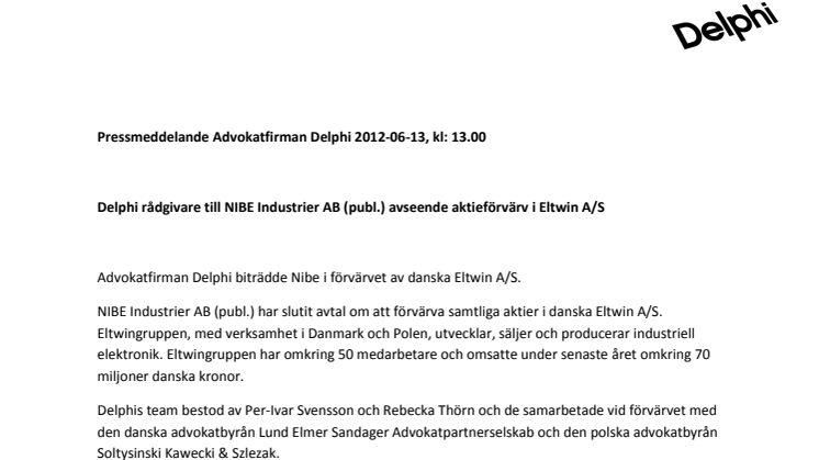 Delphi rådgivare till NIBE Industrier AB (publ.) avseende aktieförvärv i Eltwin A/S