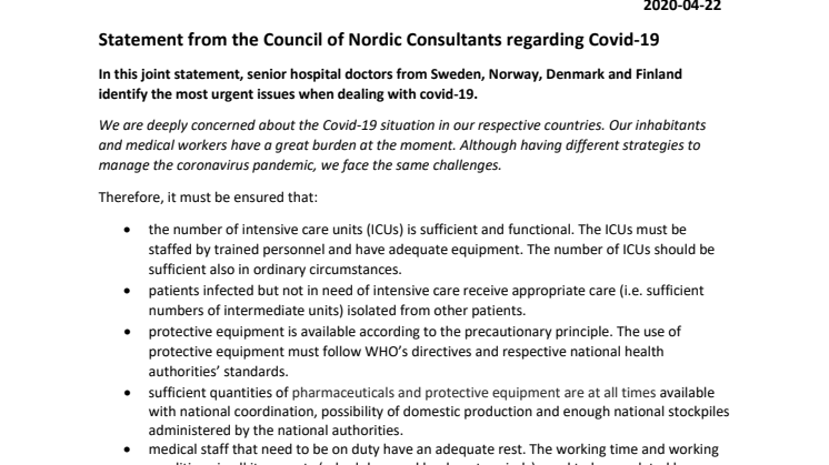 Statement from the Council of Nordic Consultants regarding Covid-19