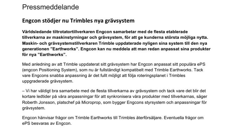 Engcon stödjer nu Trimbles nya grävsystem