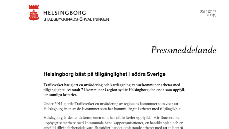 Helsingborg bäst på tillgänglighet i södra Sverige