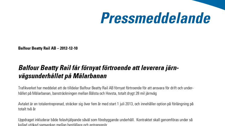 Balfour Beatty Rail får förnyat förtroende att leverera järnvägsunderhållet på Mälarbanan